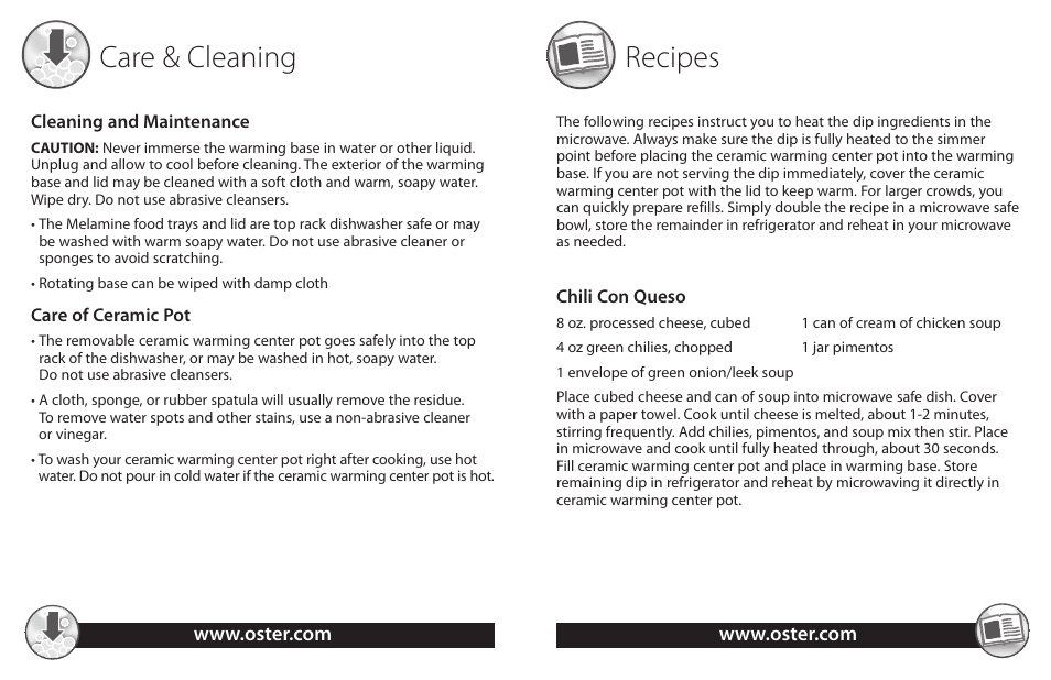 Care & cleaning, Recipes | Oster TSP100 User Manual | Page 5 / 16