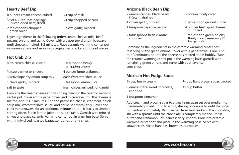 Hearty beef dip, Hot crab dip, Arizona black bean dip | Mexican hot fudge sauce | Oster TSP100 User Manual | Page 7 / 16