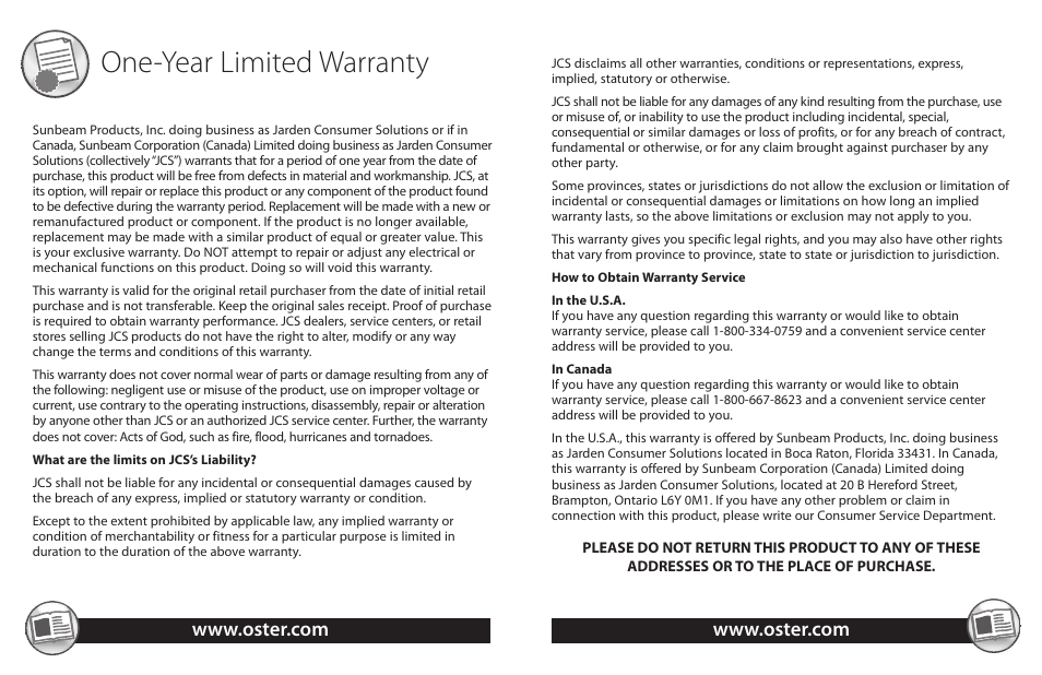 One-year limited warranty | Oster TSP100 User Manual | Page 8 / 16