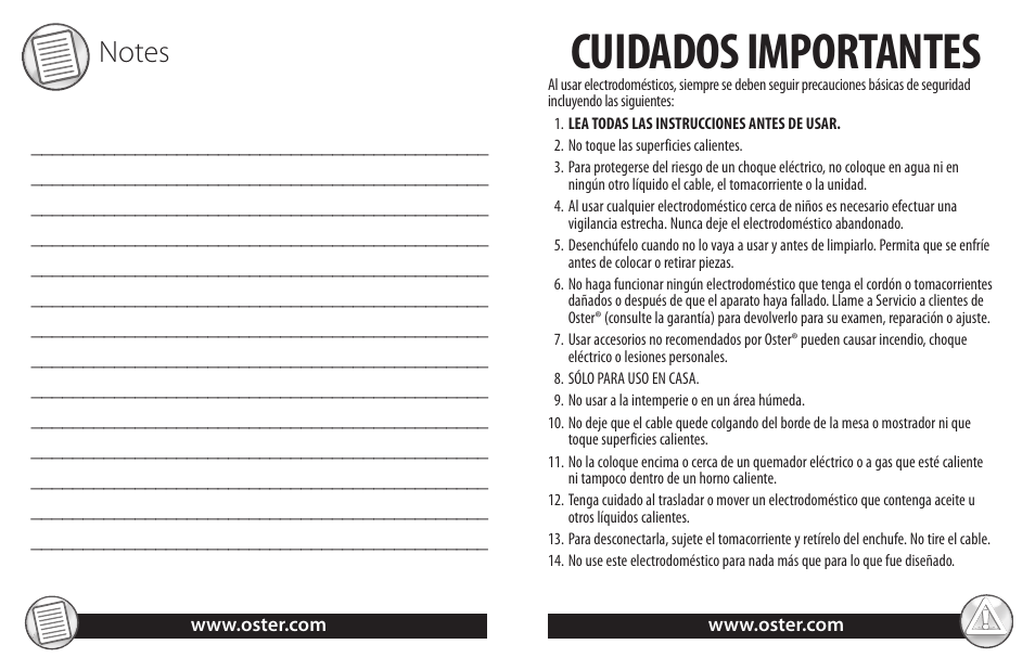 Cuidados importantes | Oster TSP100 User Manual | Page 9 / 16