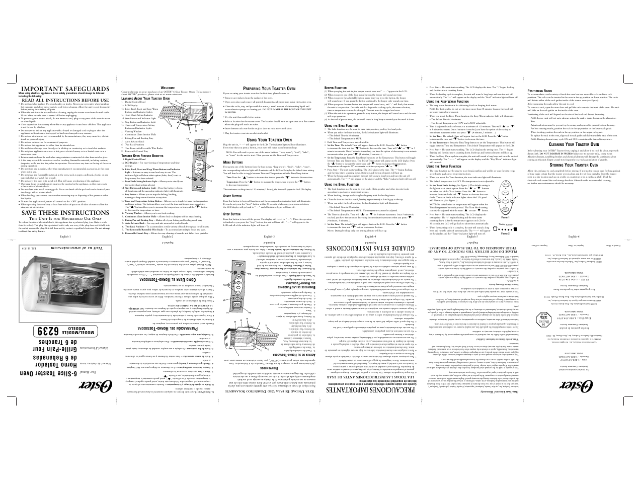 Keep warm bake broil toast, Precauciones importantes, Important safeguards | Save these instructions, Slice toaster oven, Horno tostador de6 rebanadas, Grille-pain four de6 tranches, Guarde estas instrucciones | Oster 6239 User Manual | Page 2 / 9