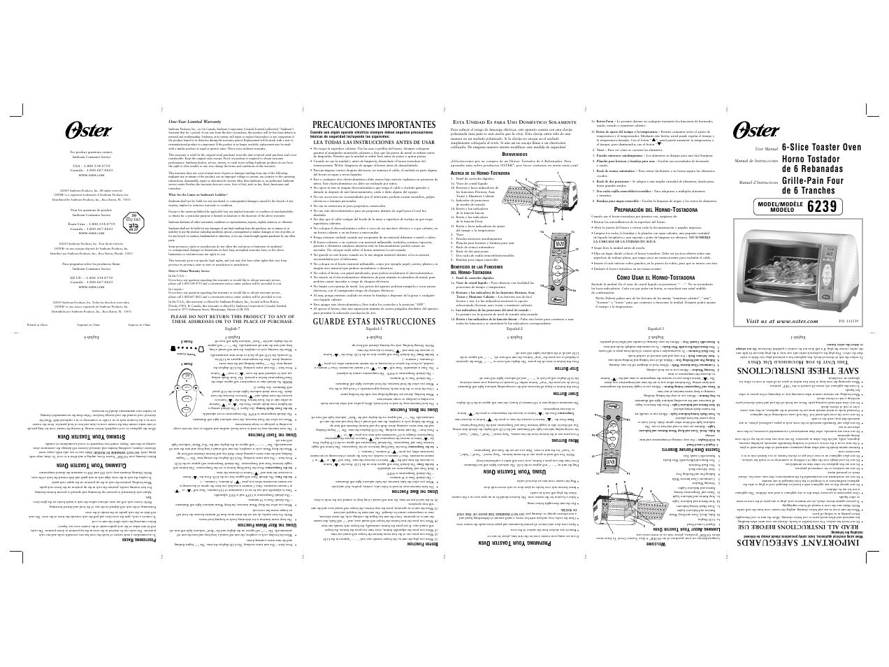 K eep w ar m bak e broil t oa st, Precauciones importantes, Import ant safeguards | Sa ve these instructions, Slice toaster oven, Horno tostador de 6 rebanadas, Grille-pain four de 6 tranches, Guarde estas instrucciones | Oster 6239 User Manual | Page 9 / 9