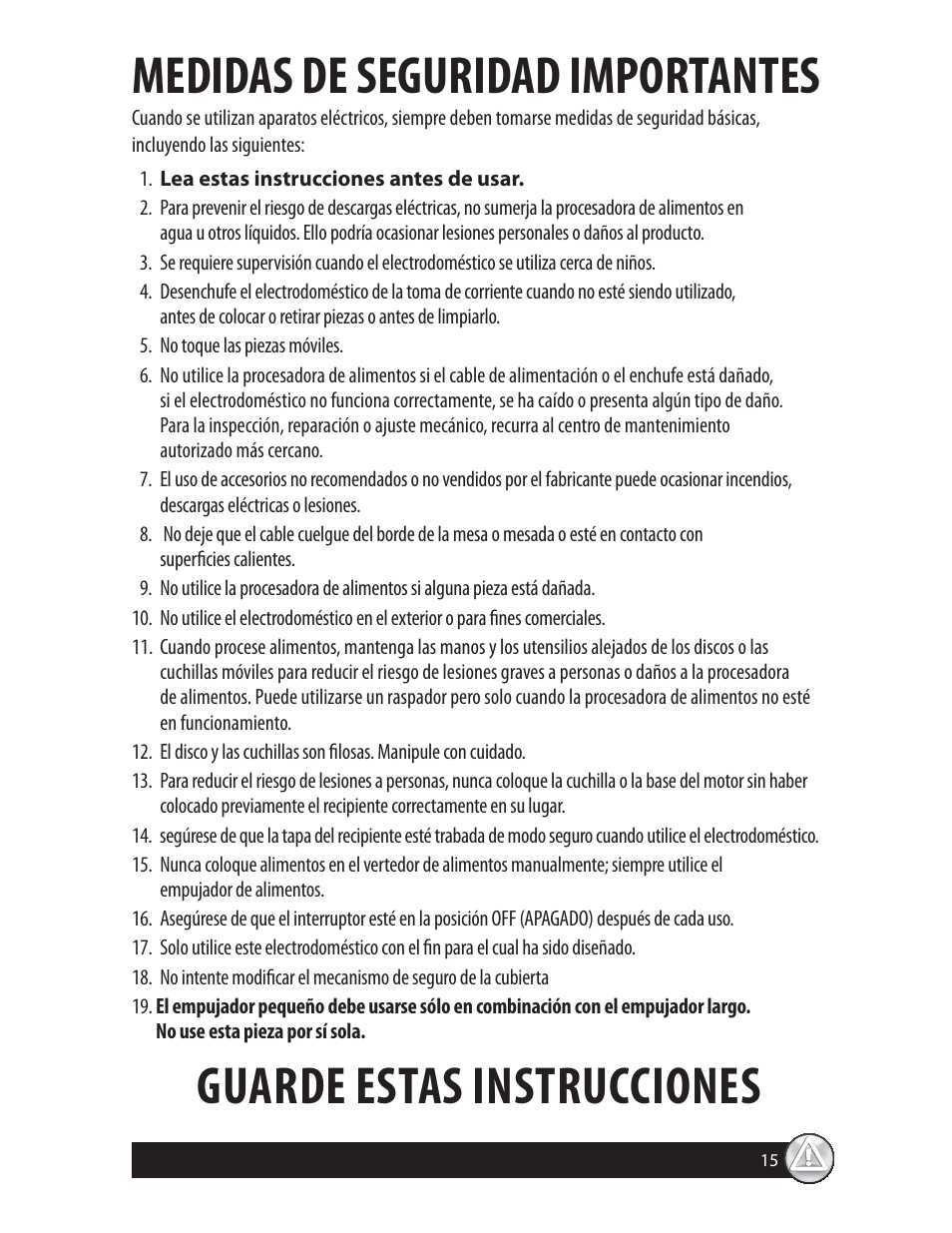 Medidas de seguridad importantes, Guarde estas instrucciones | Oster 137299 User Manual | Page 15 / 28