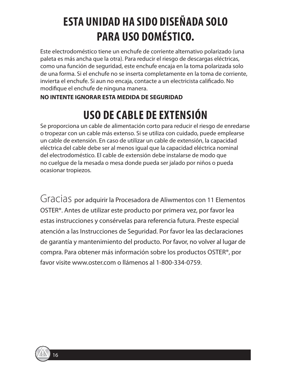 Uso de cable de extensión, Gracias | Oster 137299 User Manual | Page 16 / 28