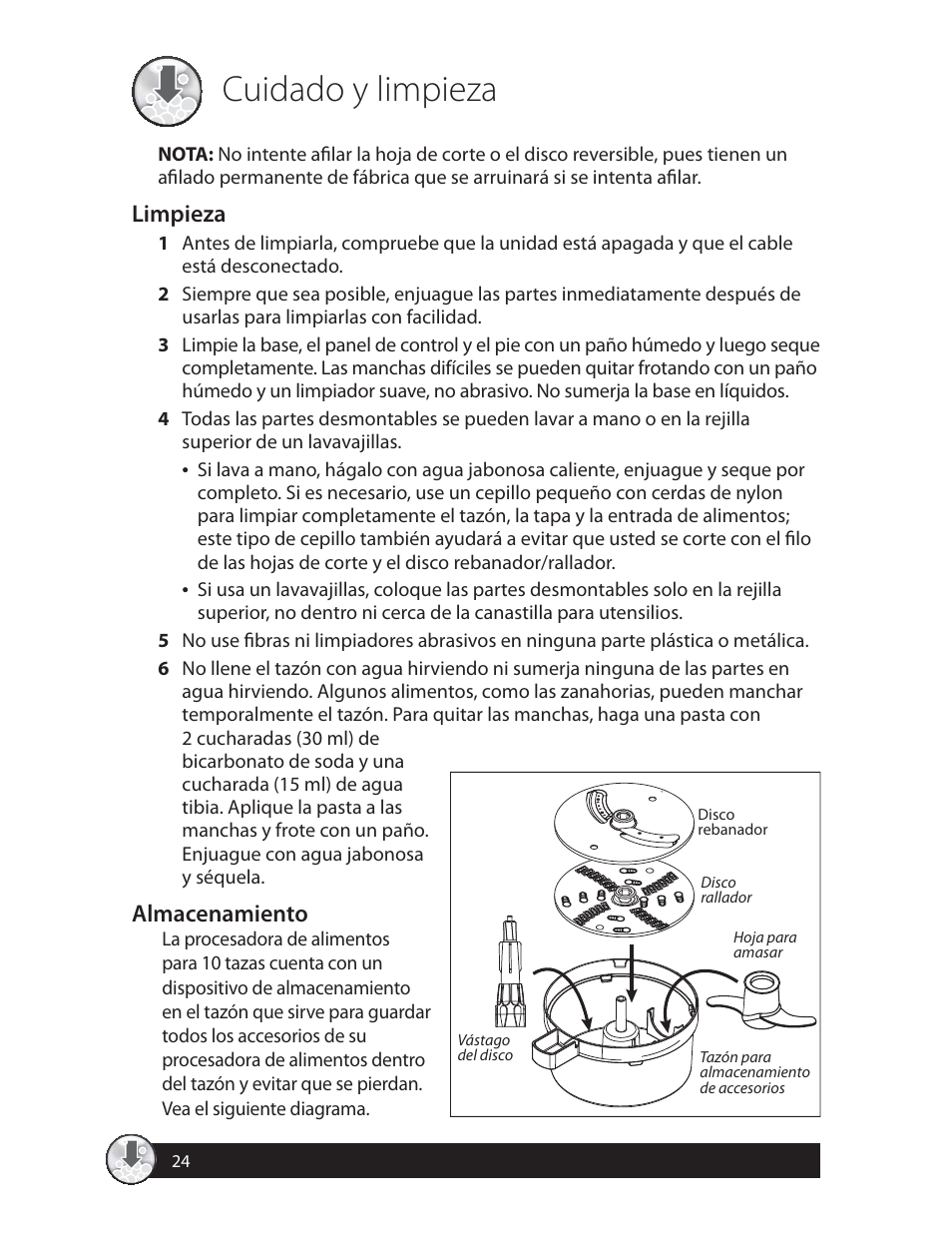 Cuidado y limpieza, Limpieza, Almacenamiento | Oster 137299 User Manual | Page 24 / 28