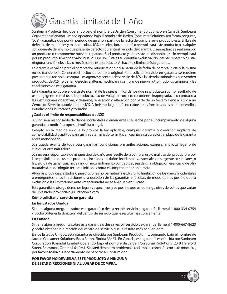 Garantía limitada de 1 año | Oster 137299 User Manual | Page 27 / 28