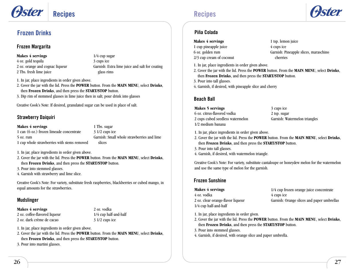 Recipes, Frozen drinks | Oster IN2ITIVETM 6710 User Manual | Page 16 / 26
