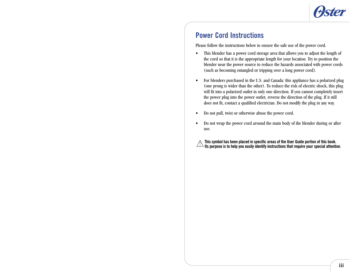 Power cord instructions | Oster IN2ITIVETM 6710 User Manual | Page 2 / 26