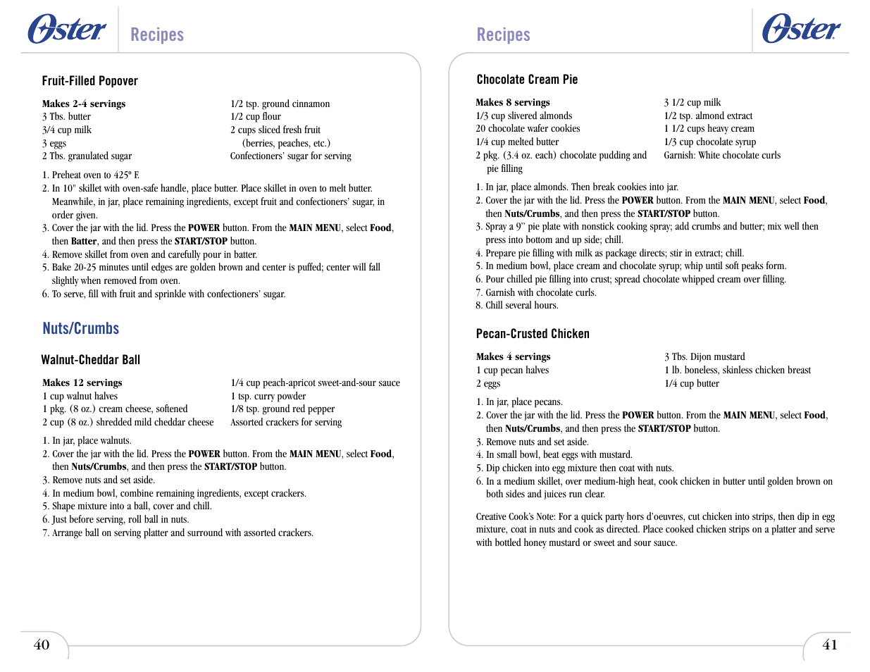Recipes, Nuts/crumbs | Oster IN2ITIVETM 6710 User Manual | Page 23 / 26