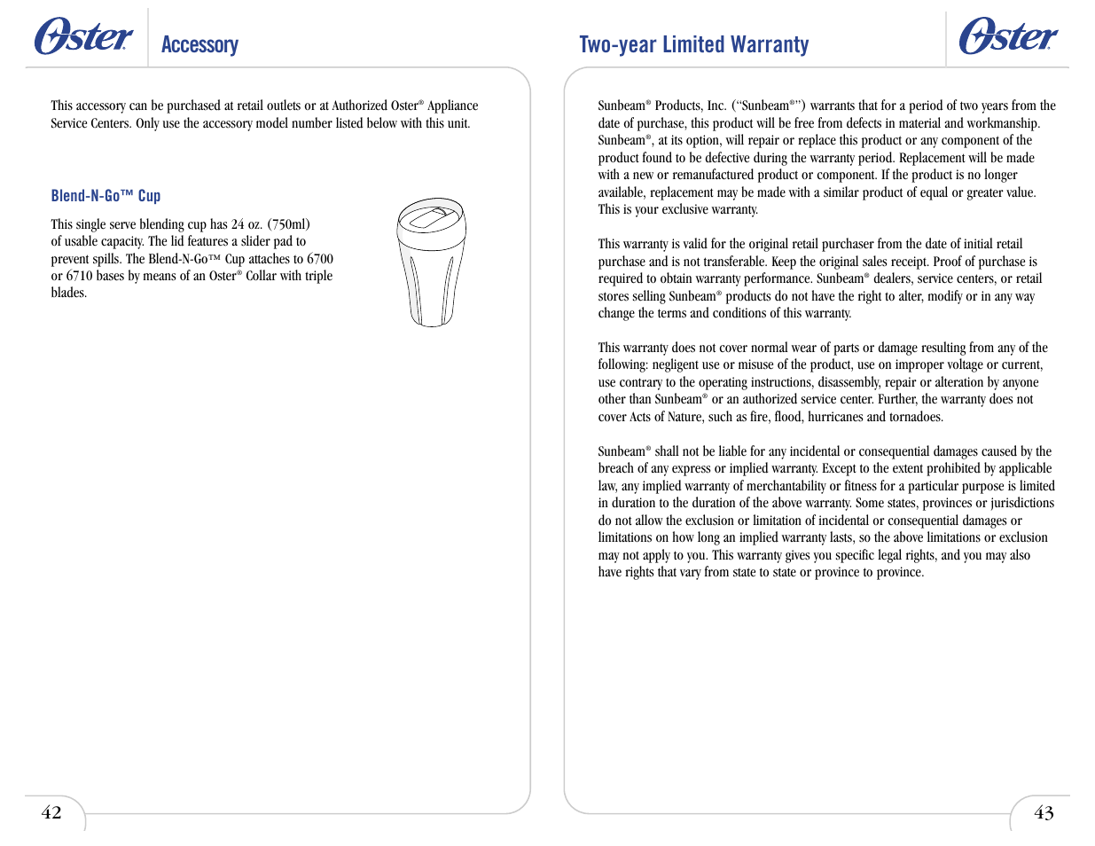 Two-year limited warranty accessory | Oster IN2ITIVETM 6710 User Manual | Page 24 / 26