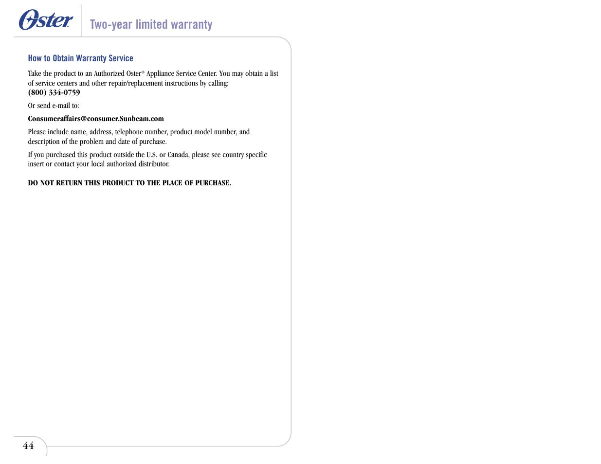 Two-year limited warranty | Oster IN2ITIVETM 6710 User Manual | Page 25 / 26