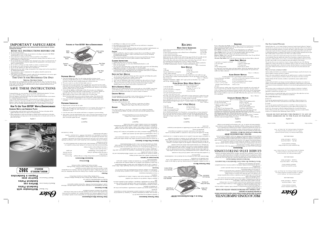 Precauciones importantes, Important safeguards, Guarde estas instrucciones | Save these instructions, Oster, Wafflemaker with sandwich plates, Waflera con sandwichplates, Gaufrier avec plaques à sandwiches, Ecipes, Read all instructions before use | Oster 3862 User Manual | Page 2 / 8