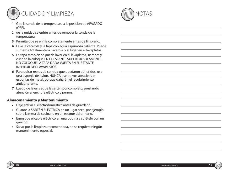 Cuidado y limpieza, Notas | Oster CKSTSKFM05 User Manual | Page 10 / 11