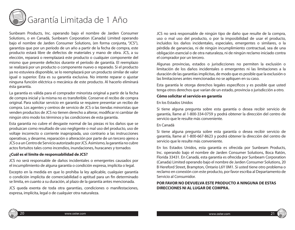 Garantía limitada de 1 año | Oster CKSTSKFM05 User Manual | Page 11 / 11