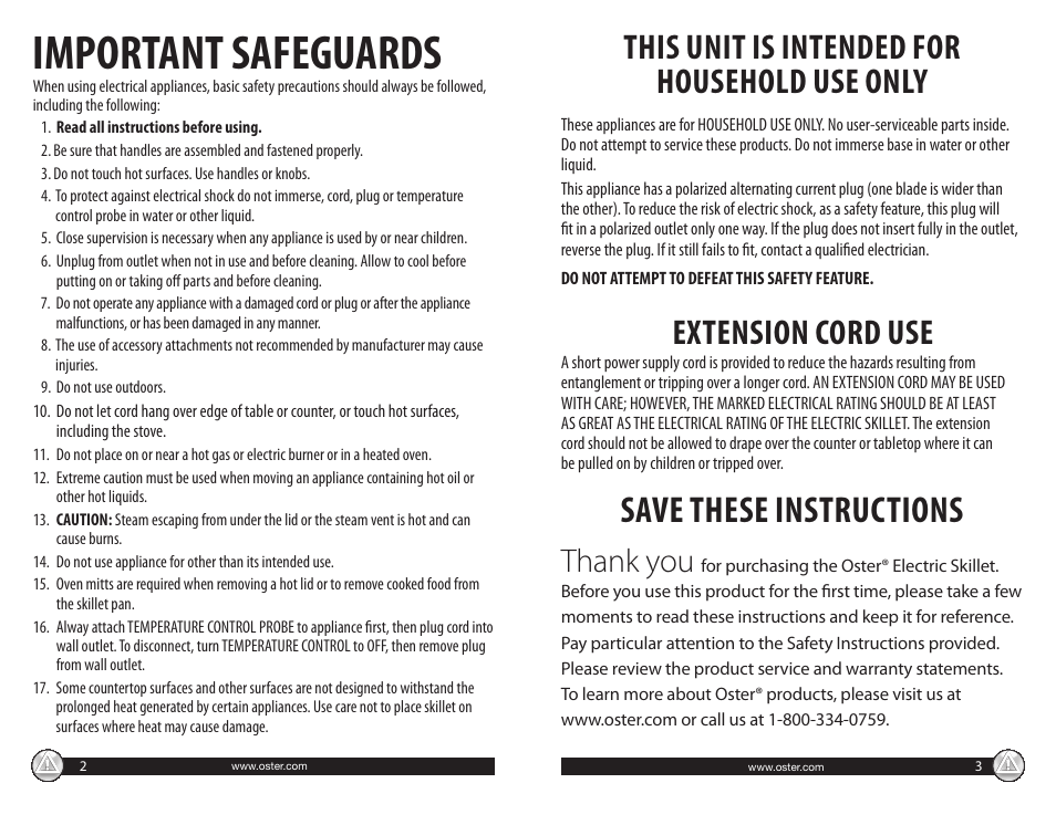 Important safeguards, Save these instructions, This unit is intended for household use only | Extension cord use | Oster CKSTSKFM05 User Manual | Page 2 / 11