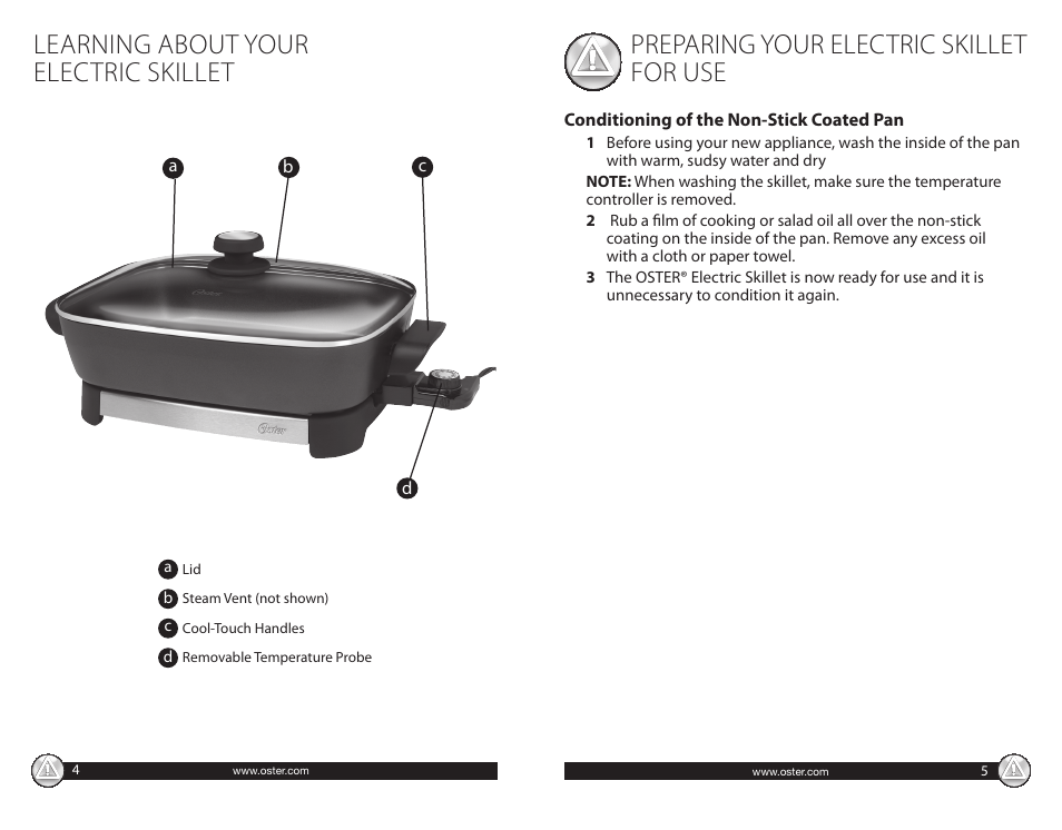 Learning about your electric skillet, Preparing your electric skillet for use | Oster CKSTSKFM05 User Manual | Page 3 / 11