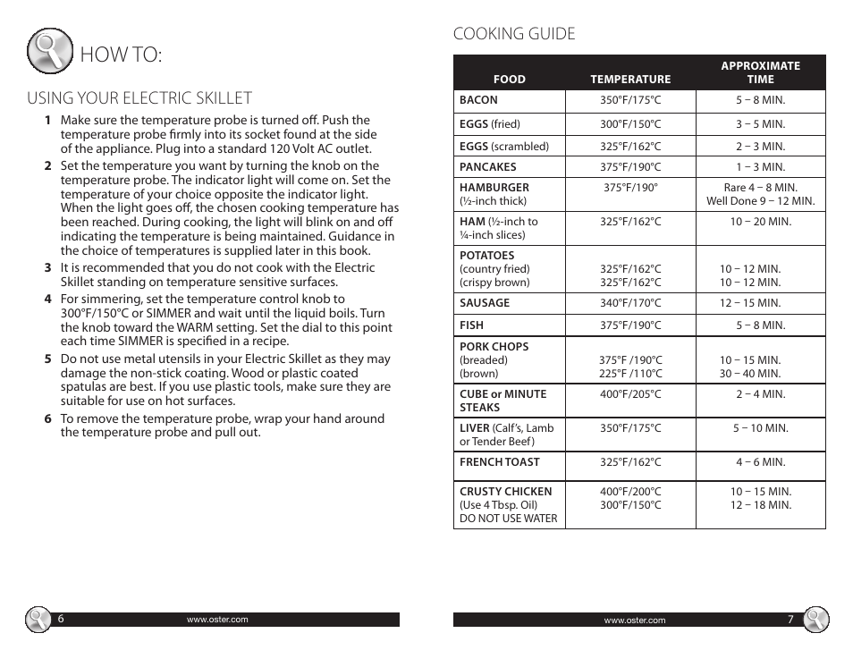 How to, Cooking guide, Using your electric skillet | Oster CKSTSKFM05 User Manual | Page 4 / 11