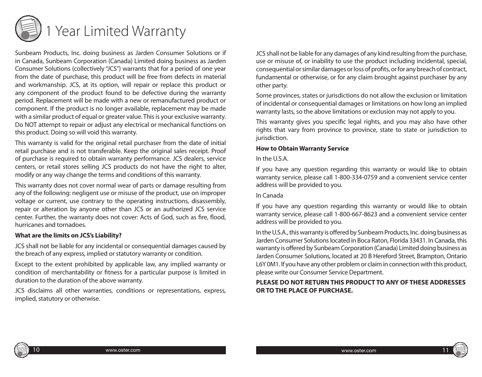 1 year limited warranty | Oster CKSTSKFM05 User Manual | Page 6 / 11