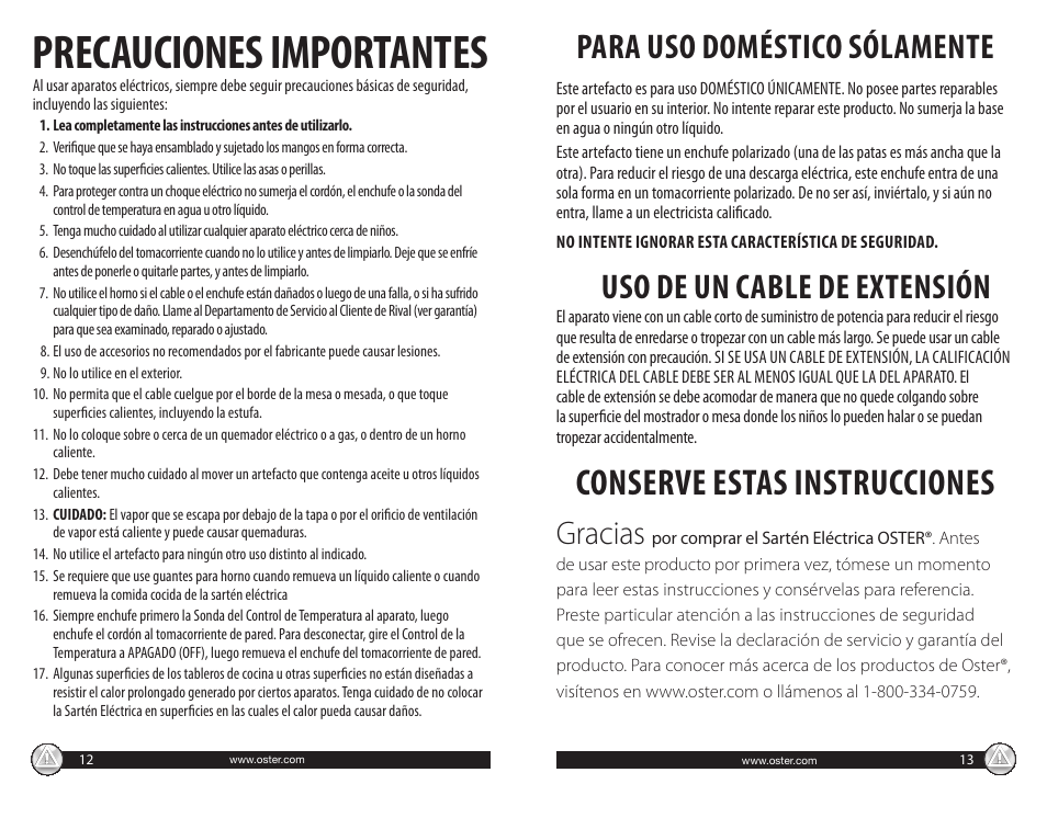 Precauciones importantes, Conserve estas instrucciones, Para uso doméstico sólamente | Uso de un cable de extensión, Gracias | Oster CKSTSKFM05 User Manual | Page 7 / 11