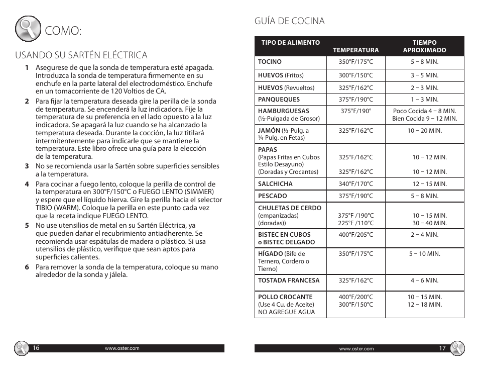 Como, Guía de cocina, Usando su sartén eléctrica | Oster CKSTSKFM05 User Manual | Page 9 / 11