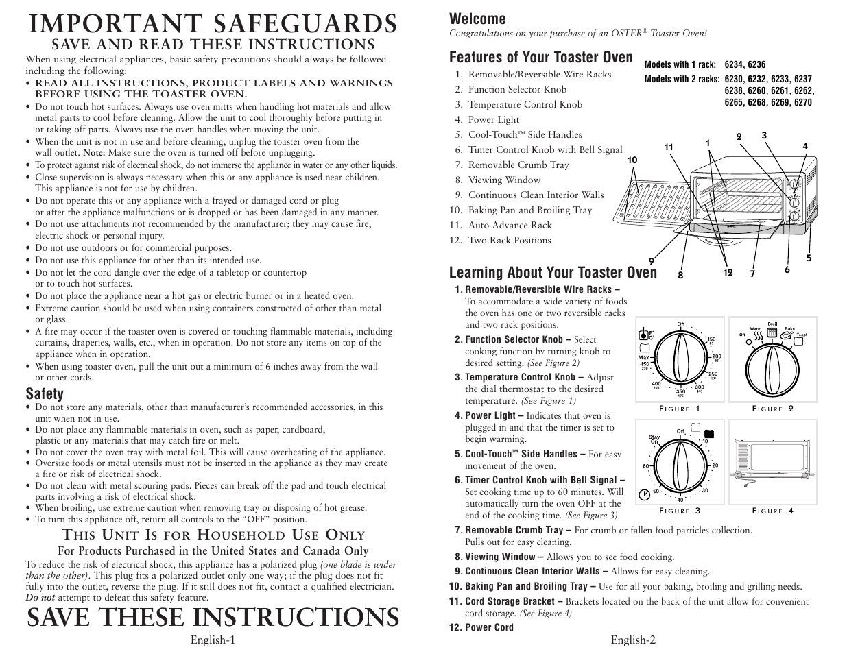 Important safeguards, Save these instructions, Save and read these instructions | Safety, Welcome, Features of your toaster oven, Learning about your toaster oven | Oster 6230 User Manual | Page 2 / 4