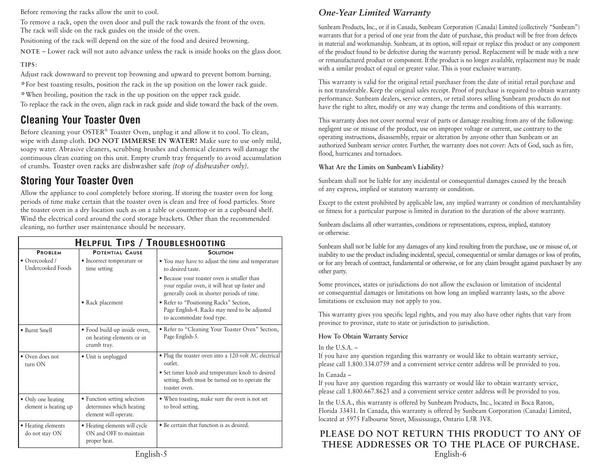 Cleaning your toaster oven, Storing your toaster oven, One-year limited warranty | Oster 6230 User Manual | Page 4 / 4