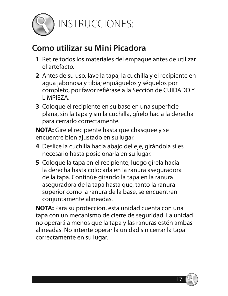 Instrucciones, Como utilizar su mini picadora | Oster 3320 User Manual | Page 17 / 28