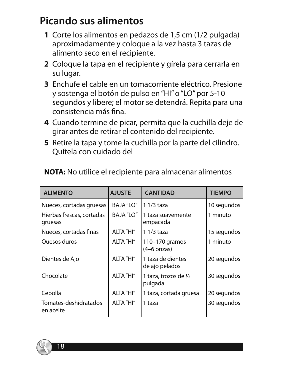 Picando sus alimentos, No utilice el recipiente para almacenar alimentos | Oster 3320 User Manual | Page 18 / 28