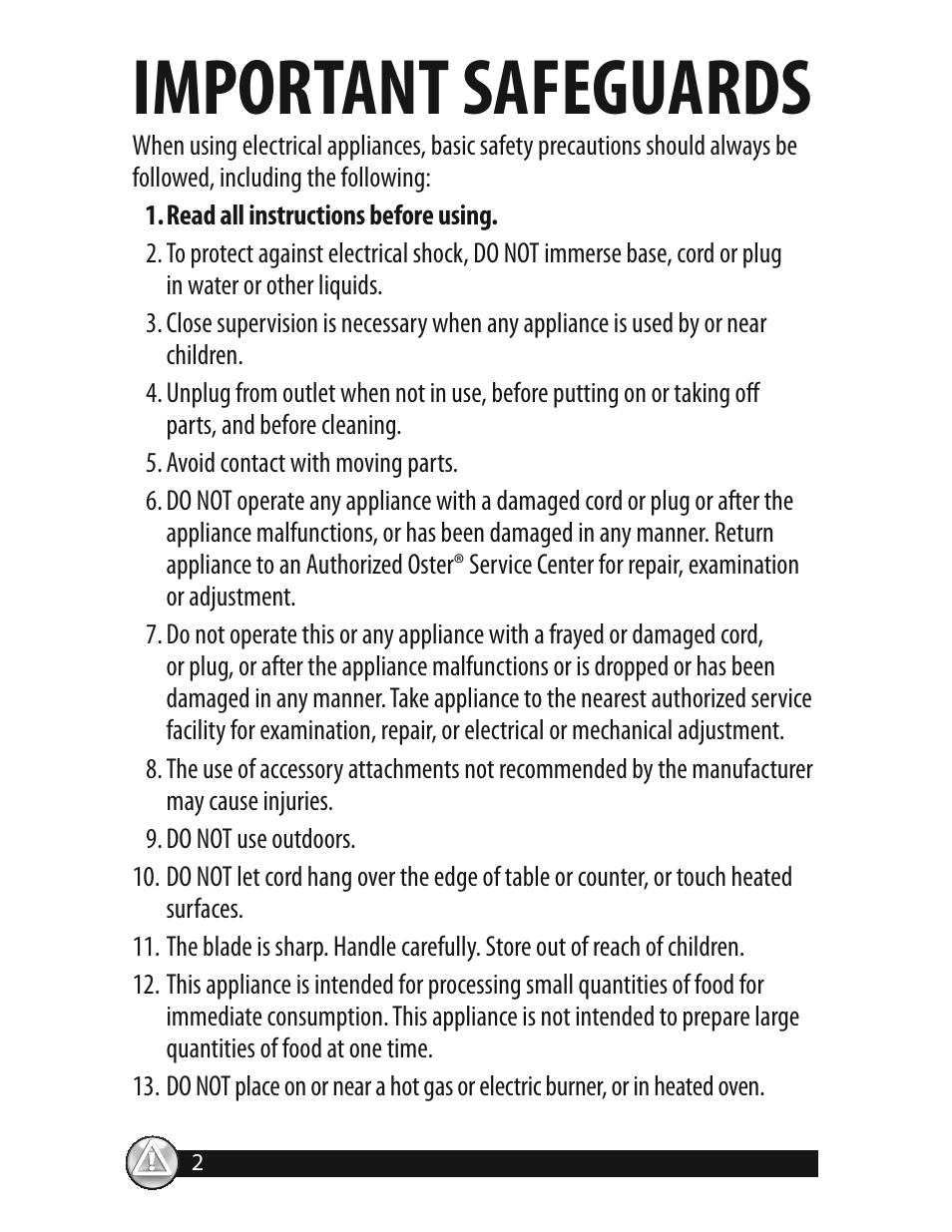 Important safeguards | Oster 3320 User Manual | Page 2 / 28