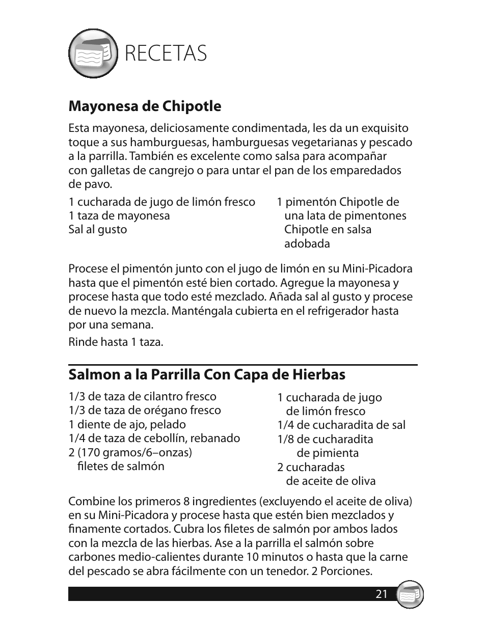 Recetas, Mayonesa de chipotle, Salmon a la parrilla con capa de hierbas | Oster 3320 User Manual | Page 21 / 28