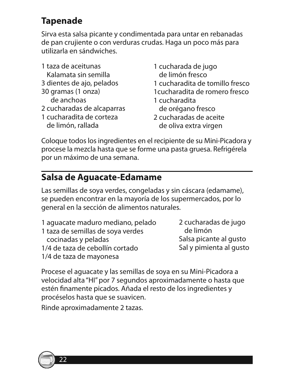 Tapenade, Salsa de aguacate-edamame | Oster 3320 User Manual | Page 22 / 28