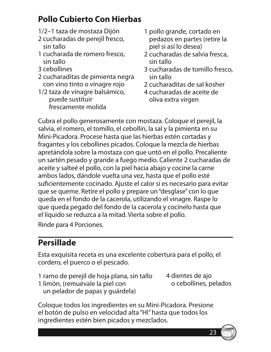 Pollo cubierto con hierbas, Persillade | Oster 3320 User Manual | Page 23 / 28