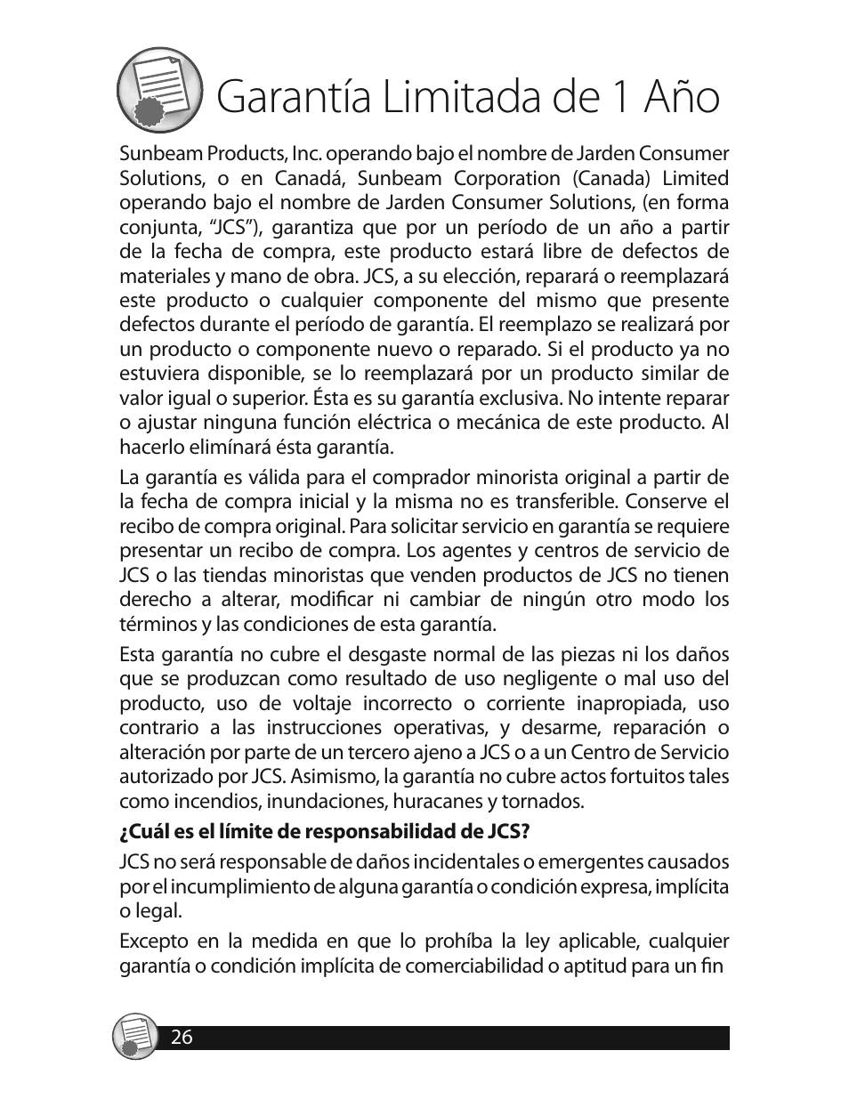 Garantía limitada de 1 año | Oster 3320 User Manual | Page 26 / 28