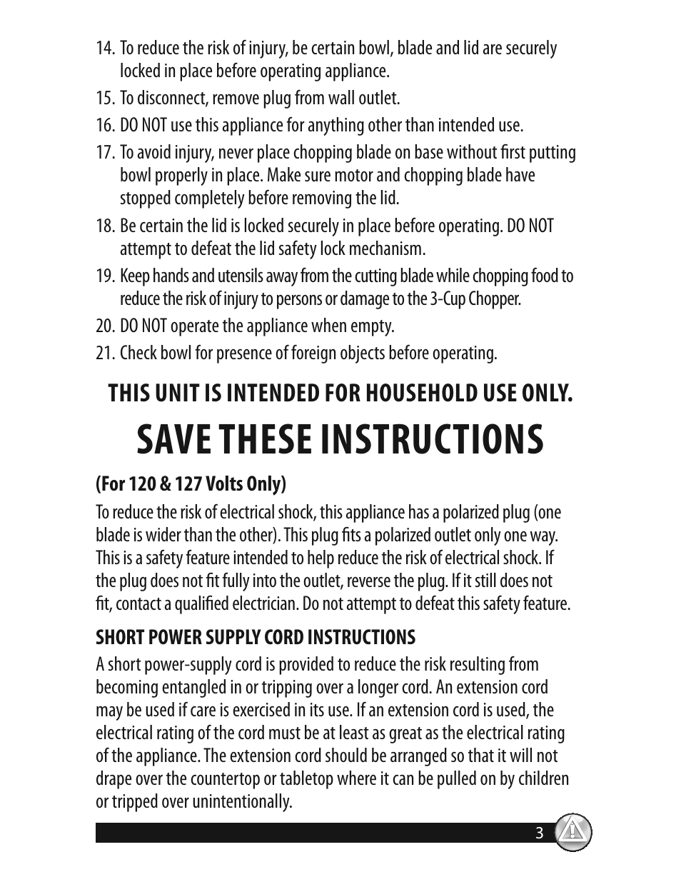Save these instructions, This unit is intended for household use only | Oster 3320 User Manual | Page 3 / 28