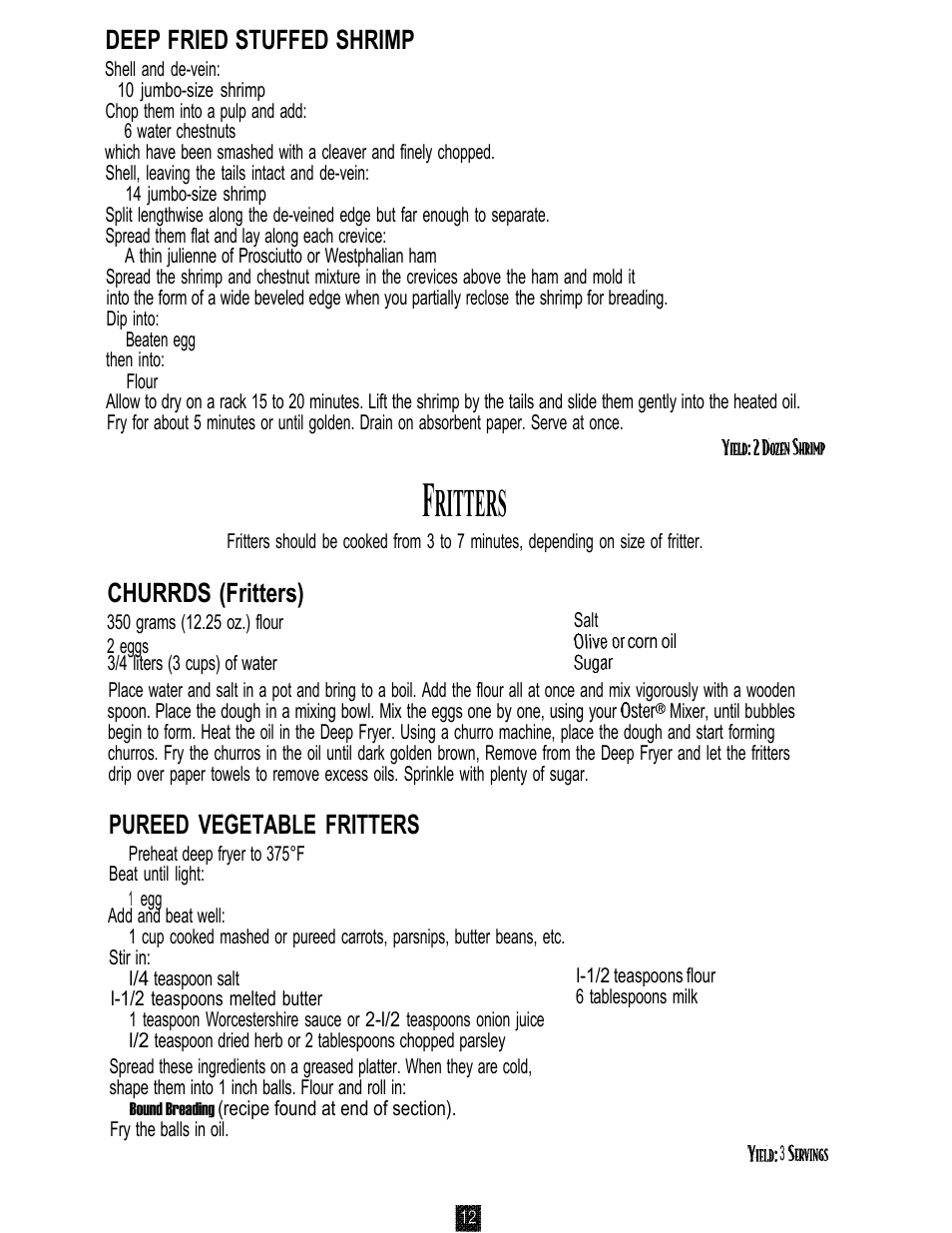 Ritters, Deep fried stuffed shrimp, Churrds (fritters) | Pureed vegetable fritters | Oster 3246 User Manual | Page 12 / 60