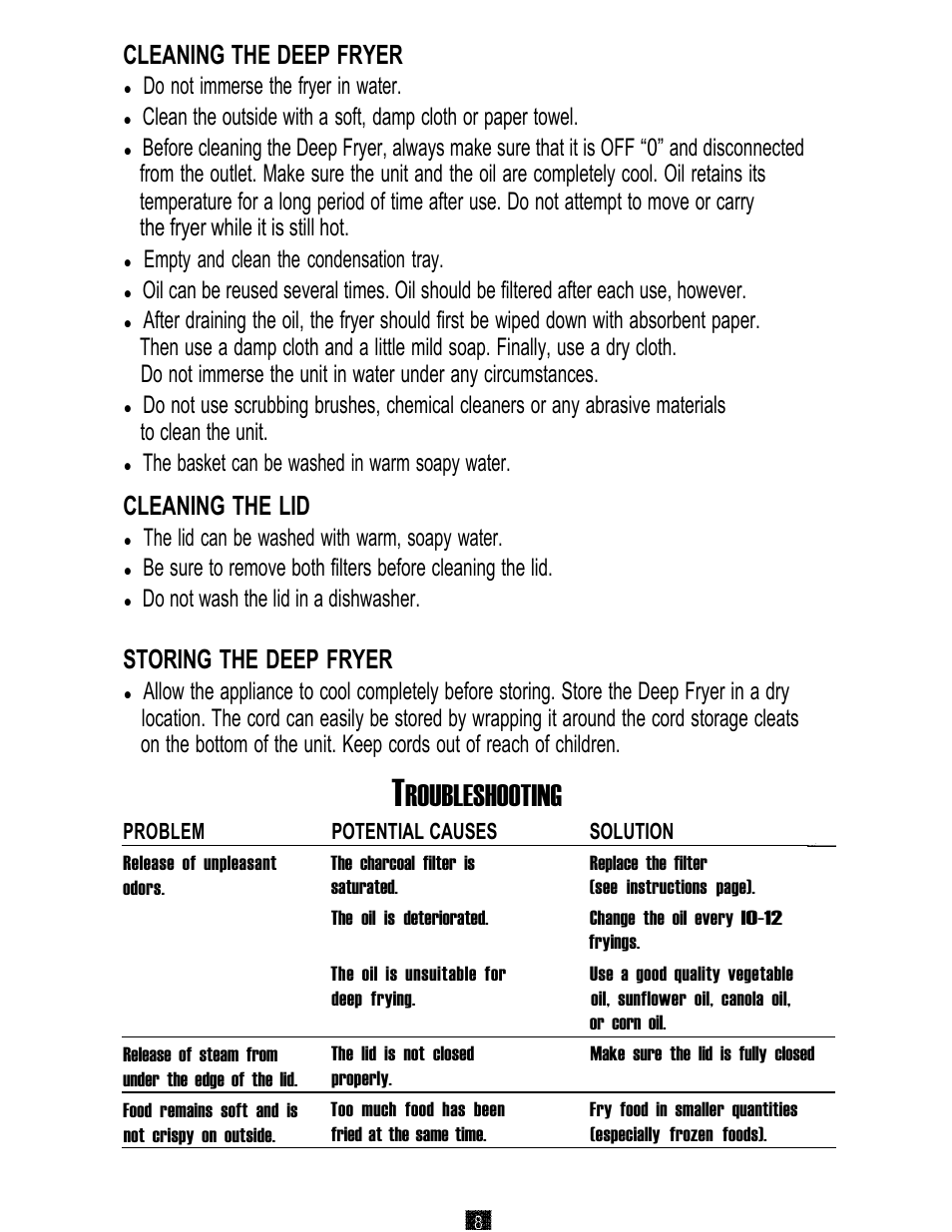 Roubleshooting, Cleaning the deep fryer, Cleaning the lid | Storing the deep fryer | Oster 3246 User Manual | Page 8 / 60