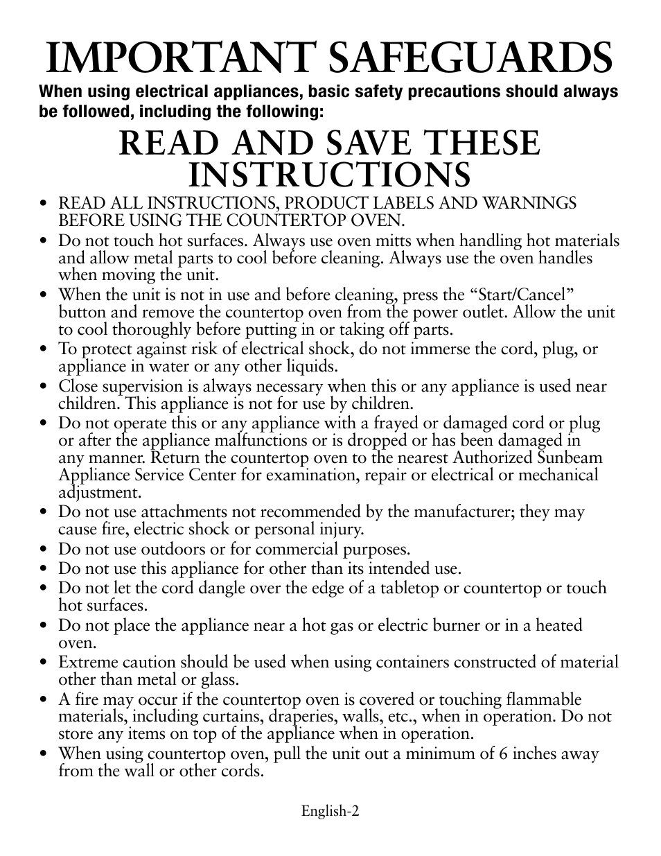 Important safeguards, Read and save these instructions | Oster Digital Countertop TSSTTVDFL1 User Manual | Page 2 / 43