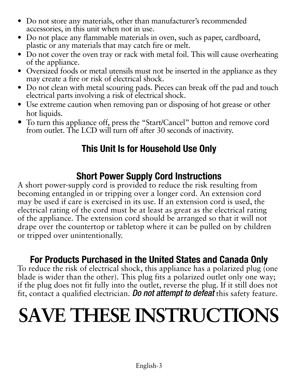 Save these instructions | Oster Digital Countertop TSSTTVDFL1 User Manual | Page 3 / 43