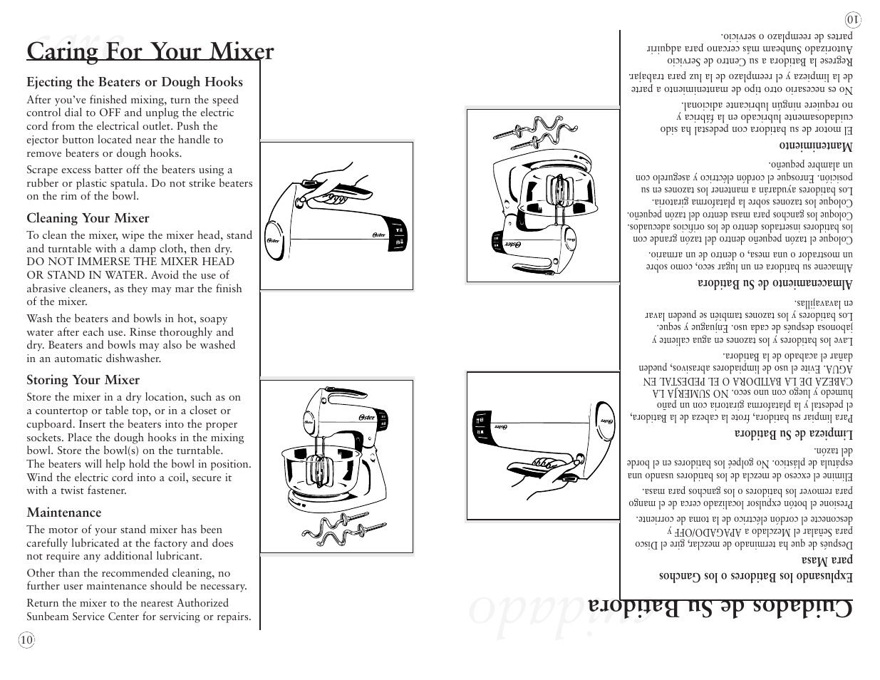 Care, Cuidado, Caring for your mixer | Cuidados de su batidora | Oster 2384 User Manual | Page 10 / 40