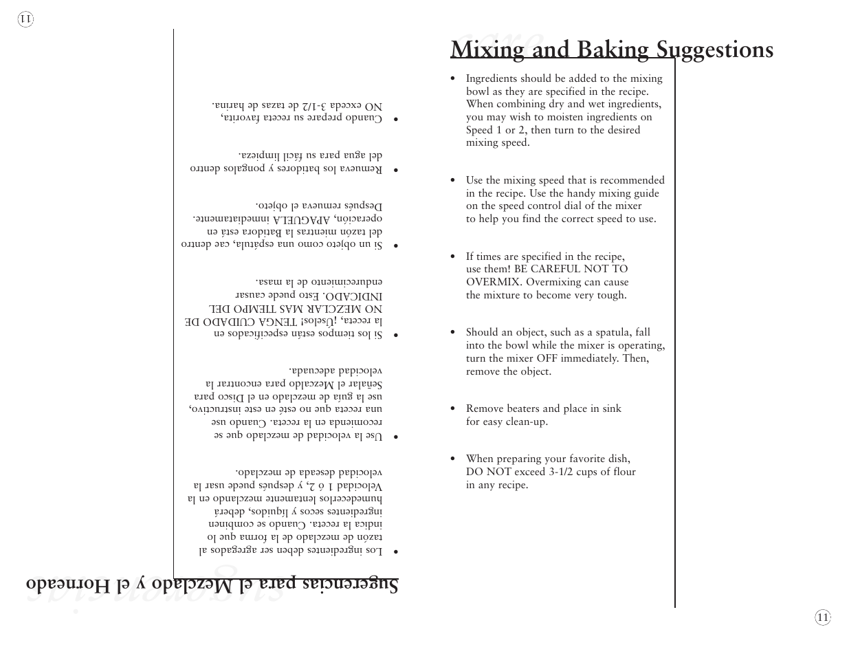 Sugerencias, Care, Mixing and baking suggestions | Sugerencias para el mezclado y el horneado | Oster 2384 User Manual | Page 11 / 40