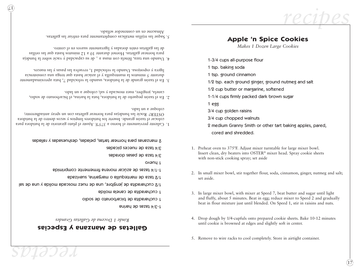 Recipes, Recetas, Apple ‘n spice cookies | Galletas de manzana y especias | Oster 2384 User Manual | Page 17 / 40