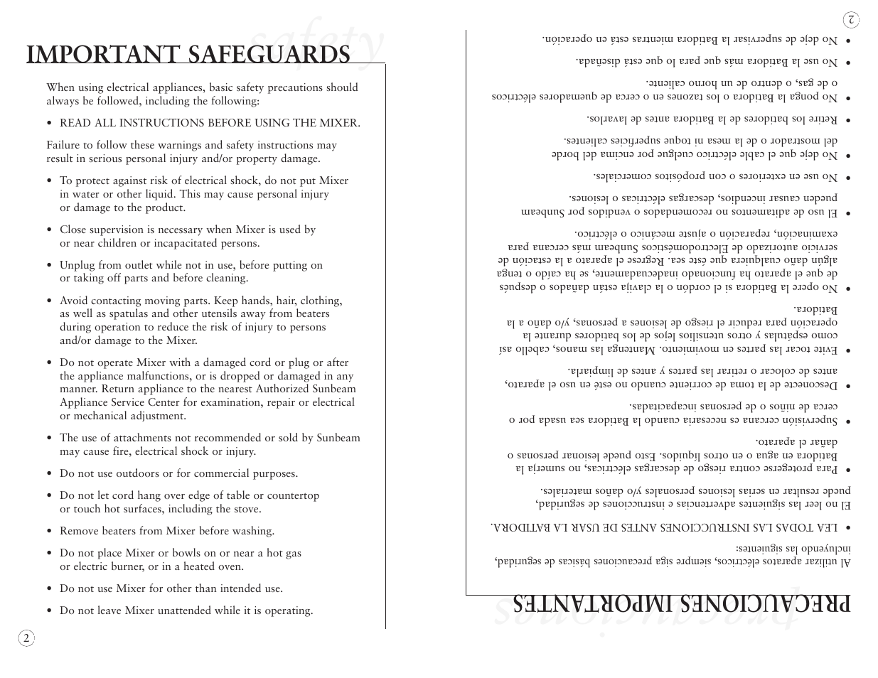 Safety, Precauciones, Precauciones import antes | Important safeguards | Oster 2384 User Manual | Page 2 / 40