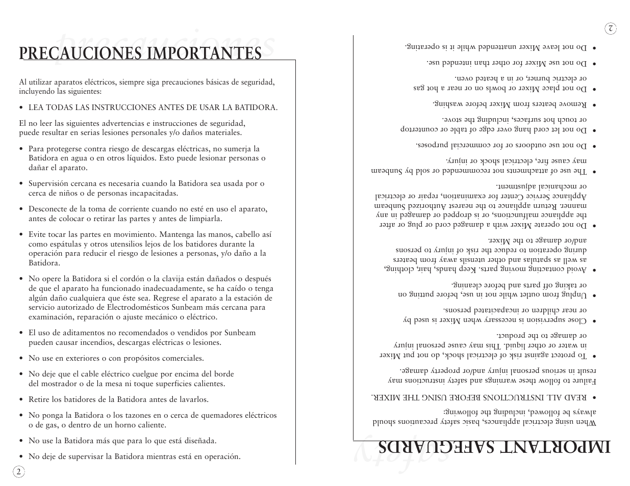 Safety, Precauciones, Precauciones importantes | Import ant safeguards | Oster 2384 User Manual | Page 22 / 40