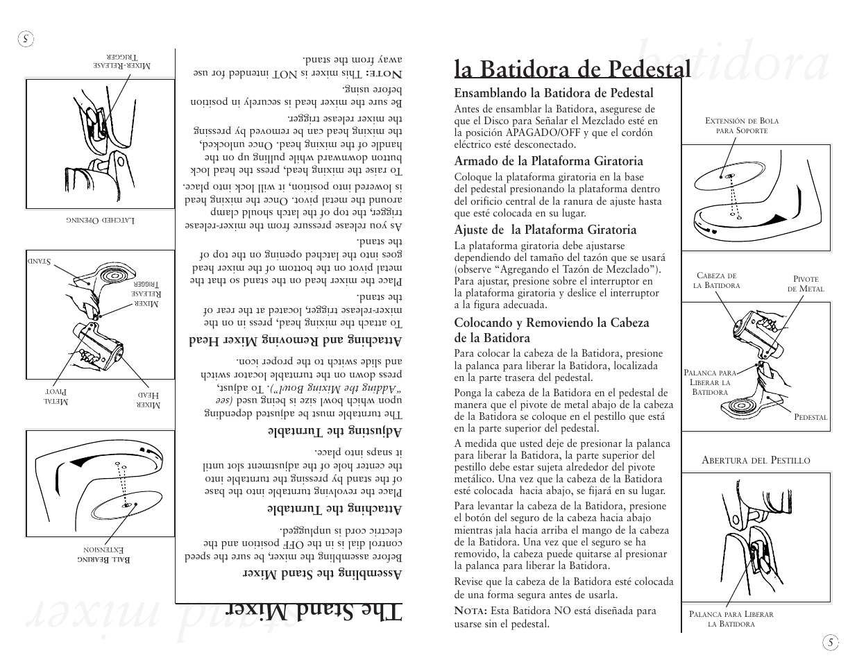 Stand mixer, Batidora, The stand mixer | La batidora de pedestal, Assembling the stand mixer, Attaching the turntable, Adjusting the turntable, Attaching and removing mixer head, Ensamblando la batidora de pedestal, Armado de la plataforma giratoria | Oster 2384 User Manual | Page 25 / 40