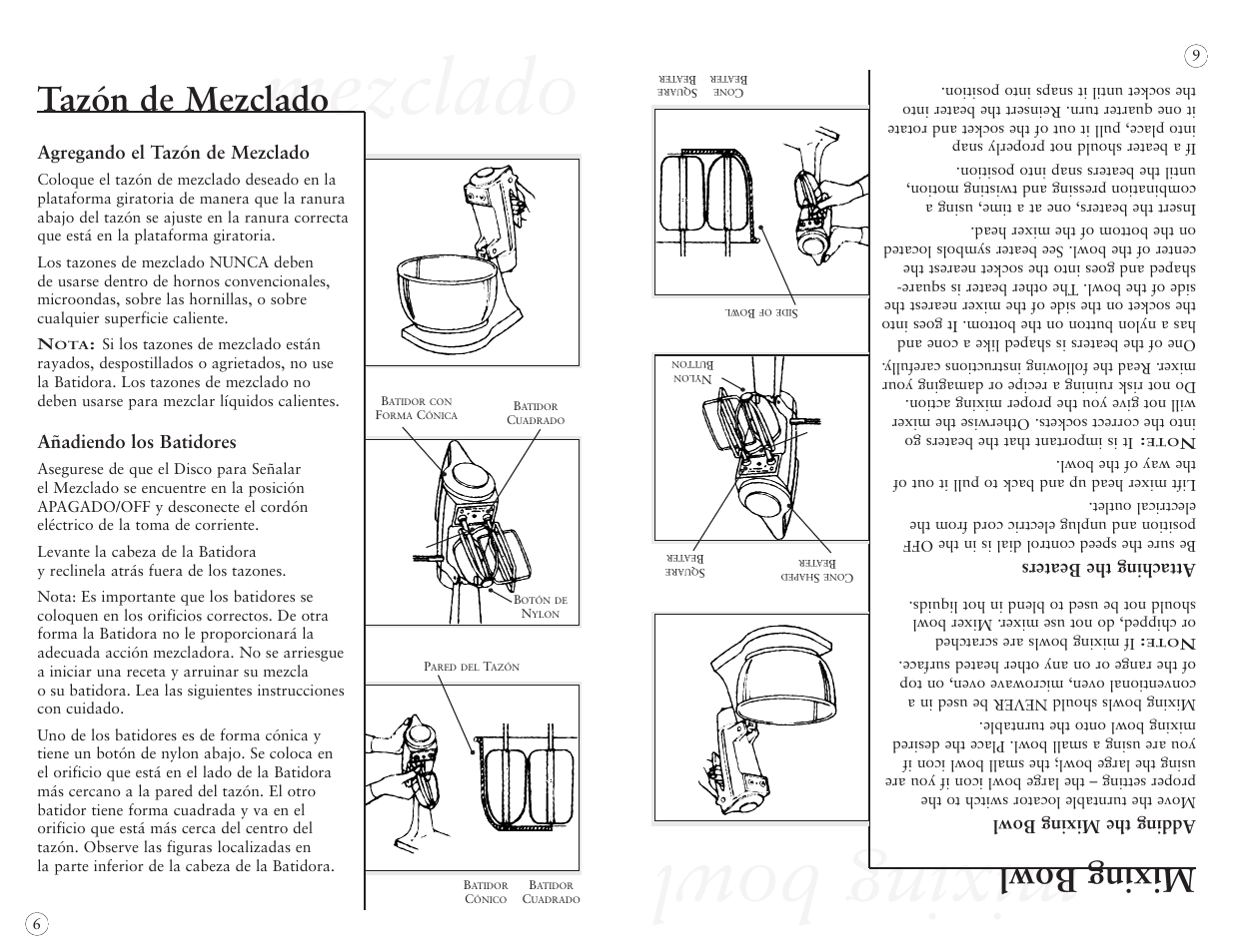 Mixing bowl, Mezclado, Tazón de mezclado | Adding the mixing bowl, Attaching the beaters, Agregando el tazón de mezclado, Añadiendo los batidores | Oster 2384 User Manual | Page 26 / 40