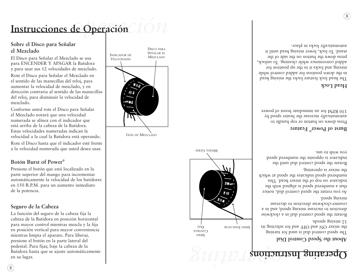Operating, Operación, Operating instructions | Instrucciones de operación, About the speed control dial, Burst of power, Feature, Head lock, Sobre el disco para señalar el mezclado, Botón burst of power | Oster 2384 User Manual | Page 28 / 40