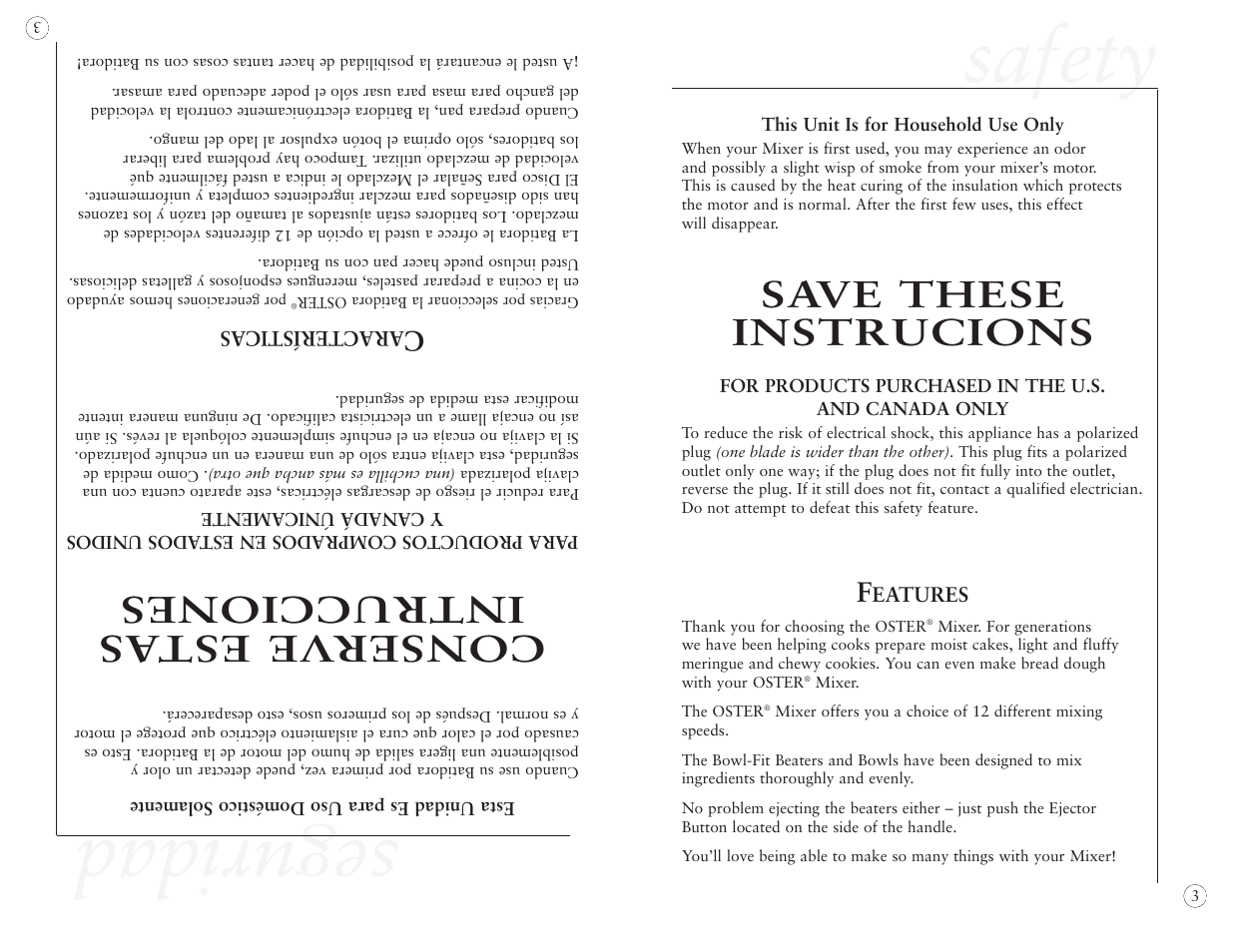 Safety, Seguridad, Save these instrucions | Conserve est as intrucciones | Oster 2384 User Manual | Page 3 / 40