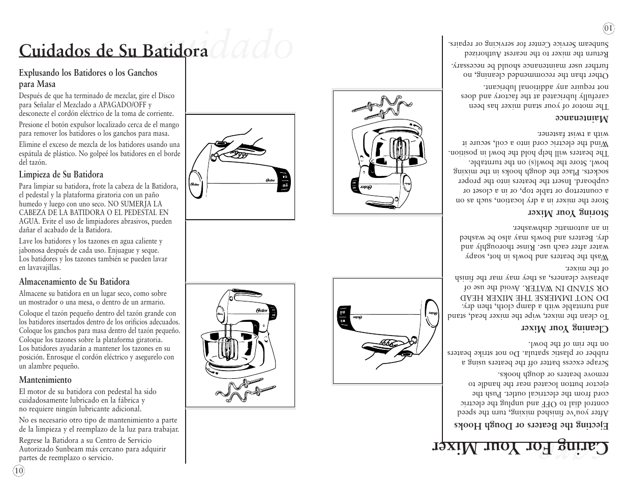 Care, Cuidado, Caring for y our mixer | Cuidados de su batidora | Oster 2384 User Manual | Page 30 / 40