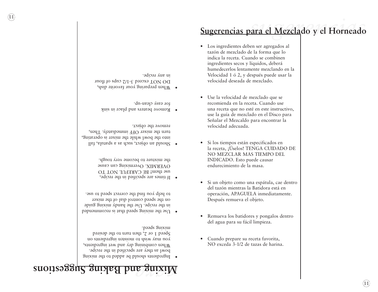 Sugerencias, Care, Mixing and baking suggestions | Sugerencias para el mezclado y el horneado | Oster 2384 User Manual | Page 31 / 40