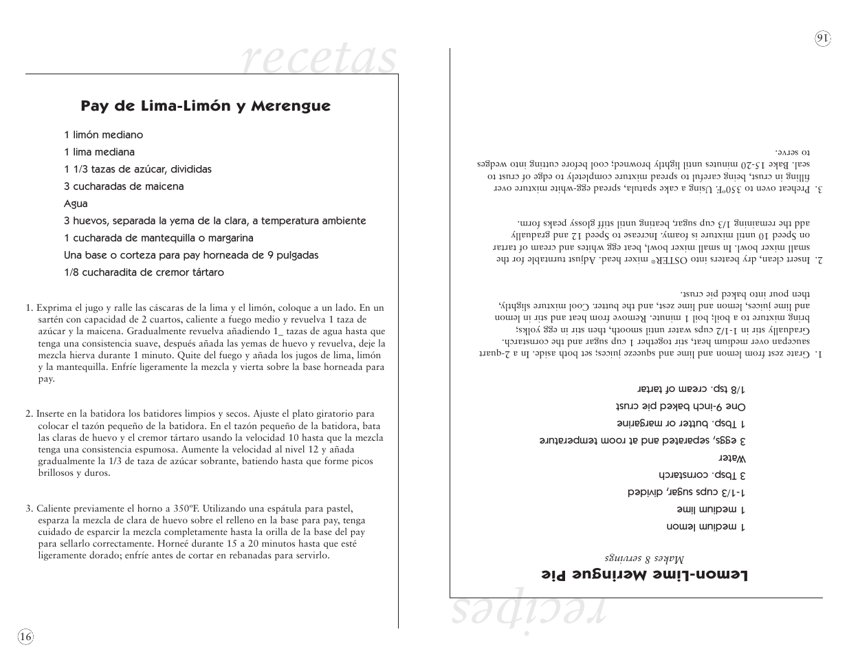 Recipes recetas, Lemon-lime meringue pie, Pay de lima-limón y merengue | Oster 2384 User Manual | Page 36 / 40